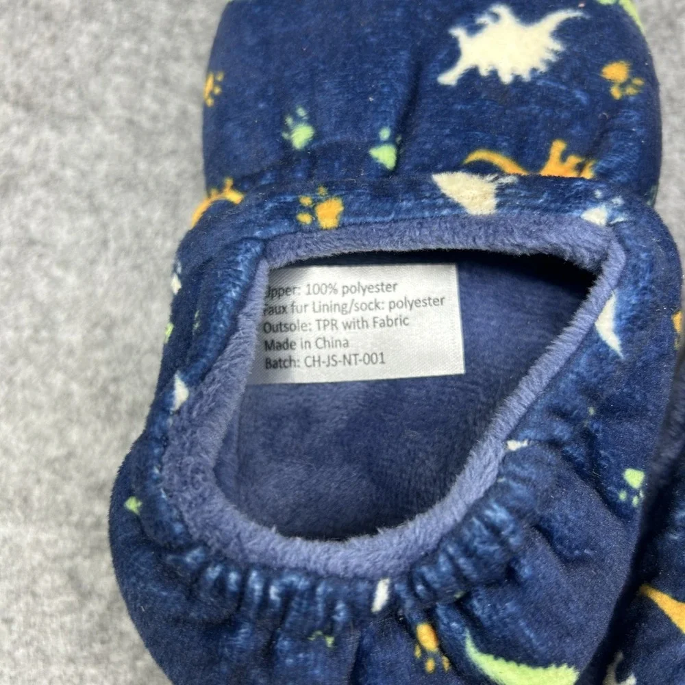 Unbranded Toddler Dinosaur Print Slippers Size 7/8 Navy Blue Faux Fur Lined